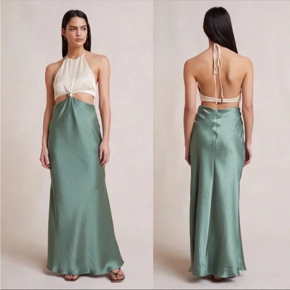 Bec + Bridge Women's Carrie Halter Maxi Dress Side Cut Outs Green Multi  Color 2